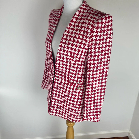 ZARA Luxury Ecru Red Collarless Long Sleeve Textured Houndstooth Jacket Size S - Picture 5 of 9
